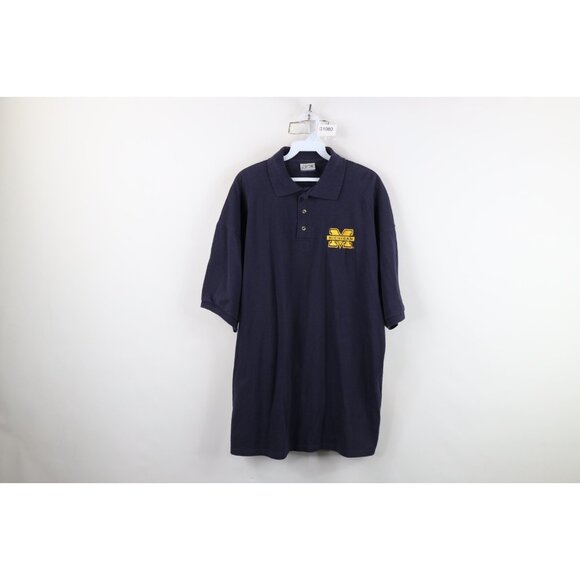 Vintage 90s Mens 2XL Faded Spell Out University of Michigan Golf Polo Shirt Blue - Picture 1 of 14